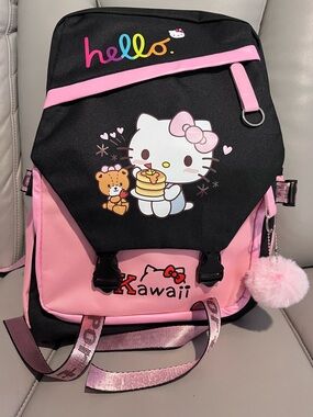 Hello Kitty Black and Pink Kawaii Kids  Laptop Backpack with Pom Charm